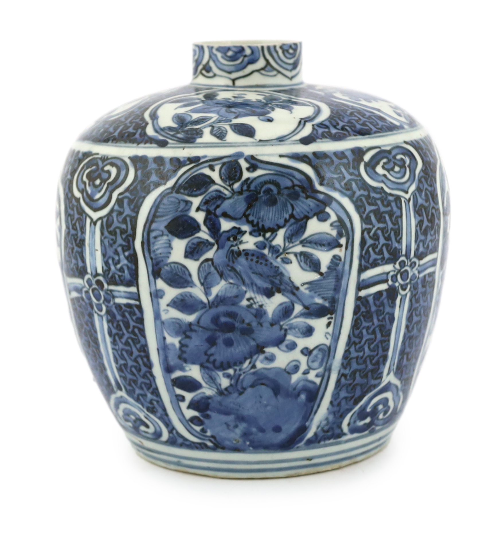 A Chinese late Ming blue and white jar, Wanli period, neck reduced